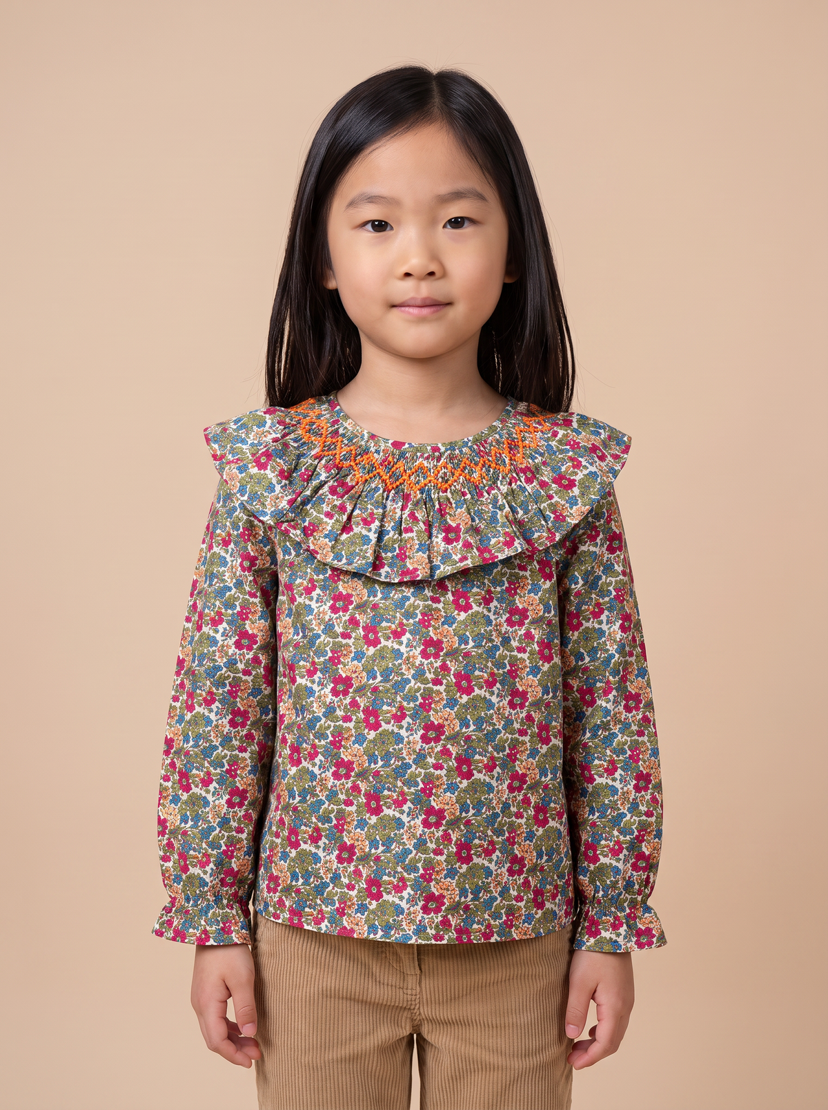 Blouse Rio Pine Red - collerette et smocks orange, vue buste