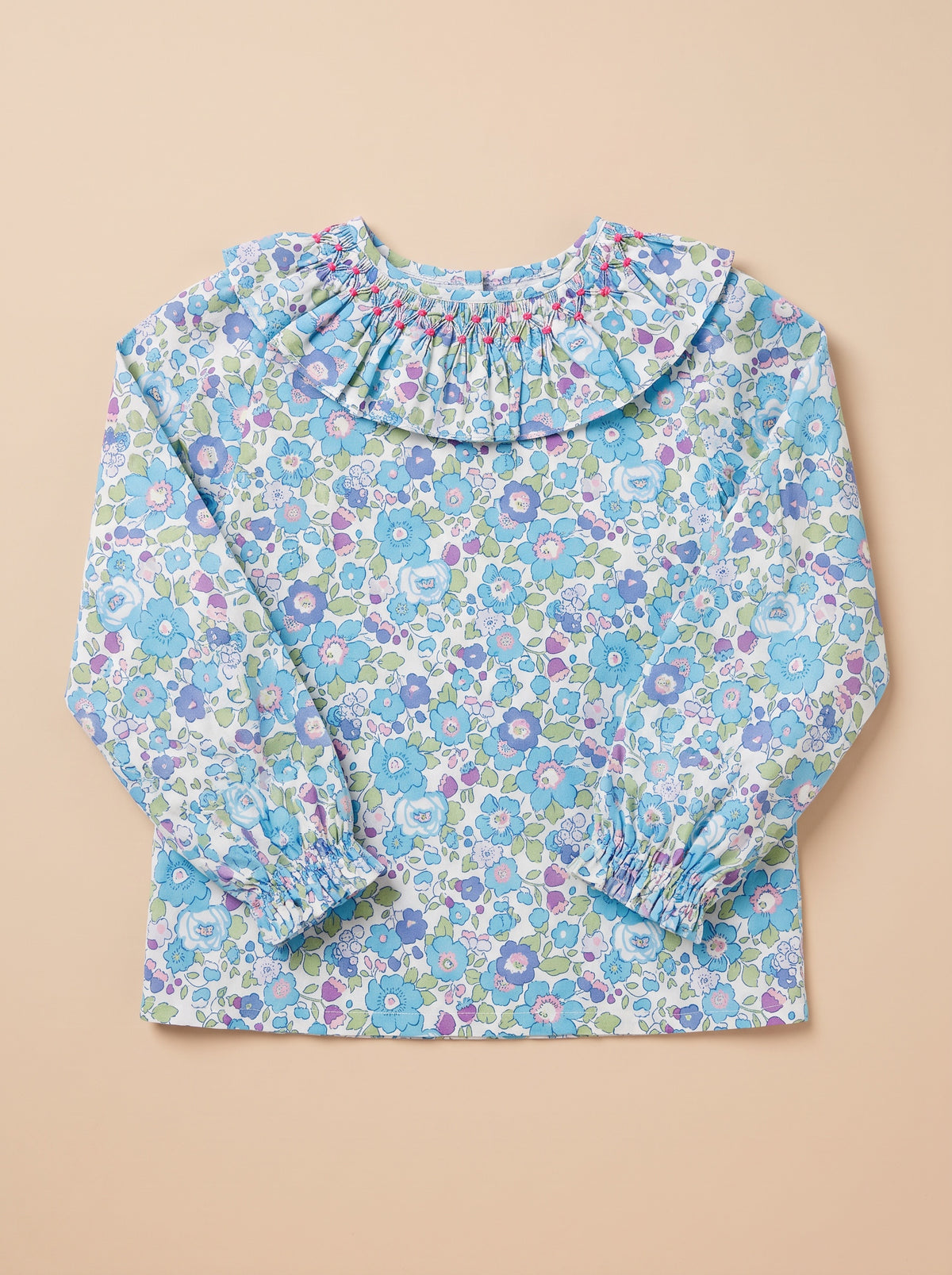 Blouse Rio bleu violet à collerette smockée main - vue de face à plat