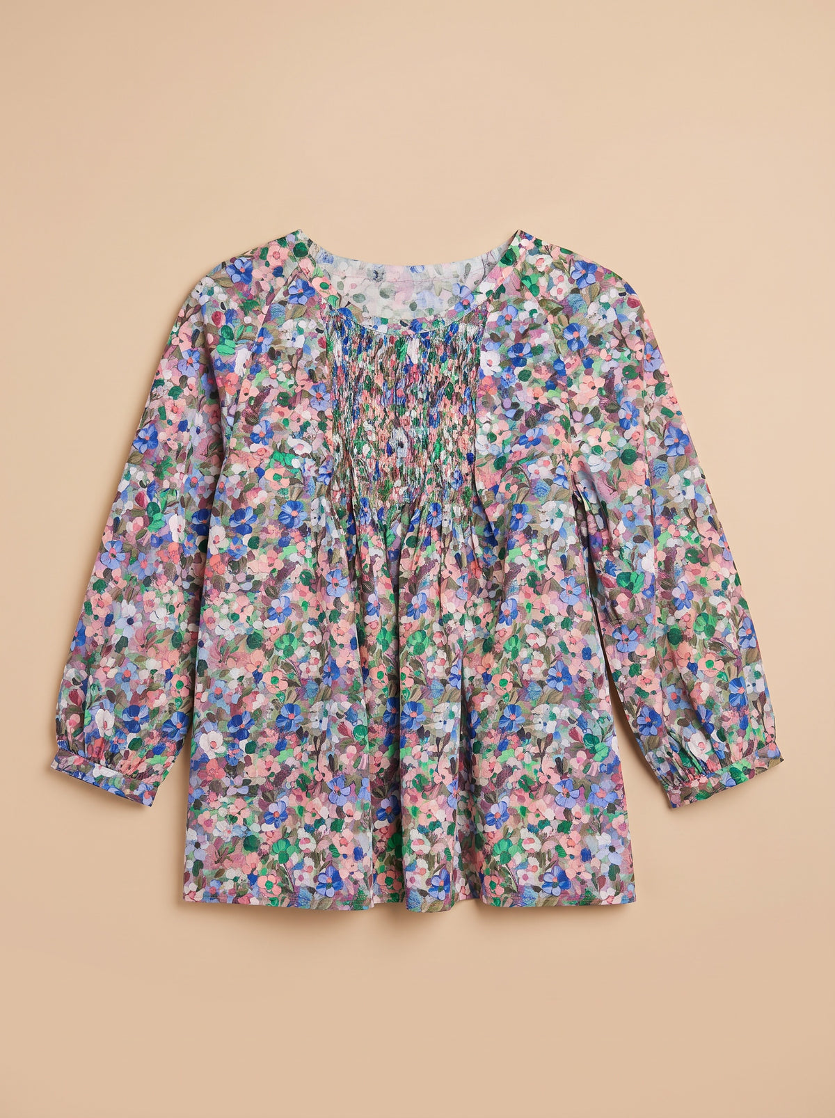 Blouse Yvette manches 3/4 Blurry smockée - vue de face à plat