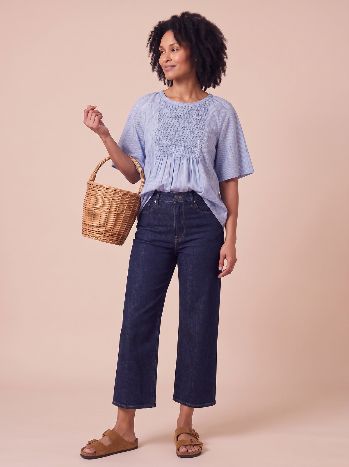 Blouse Yvette Rayé bleu portée - blouse smockée main sur jean