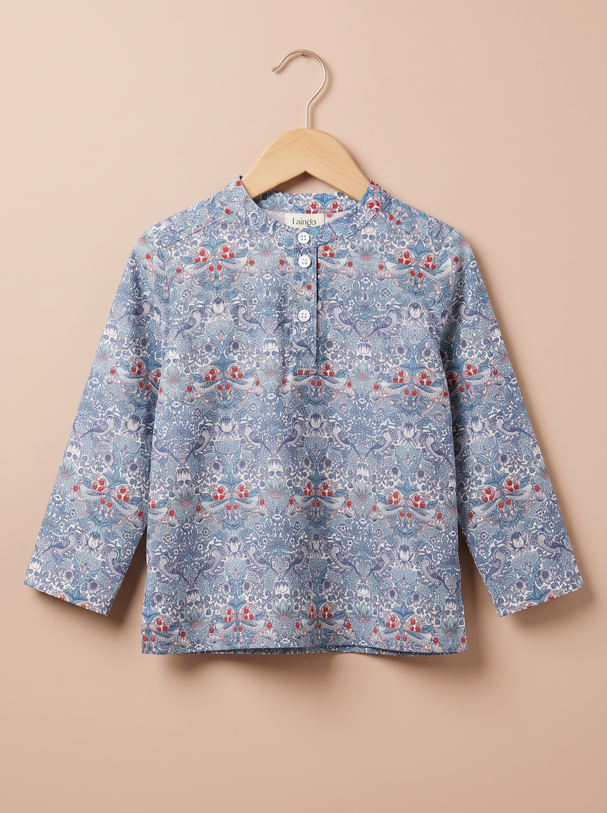 Chemise Perry Baia - chemise enfant col mao, imprimé oiseaux et fruits rouges, sur cintre