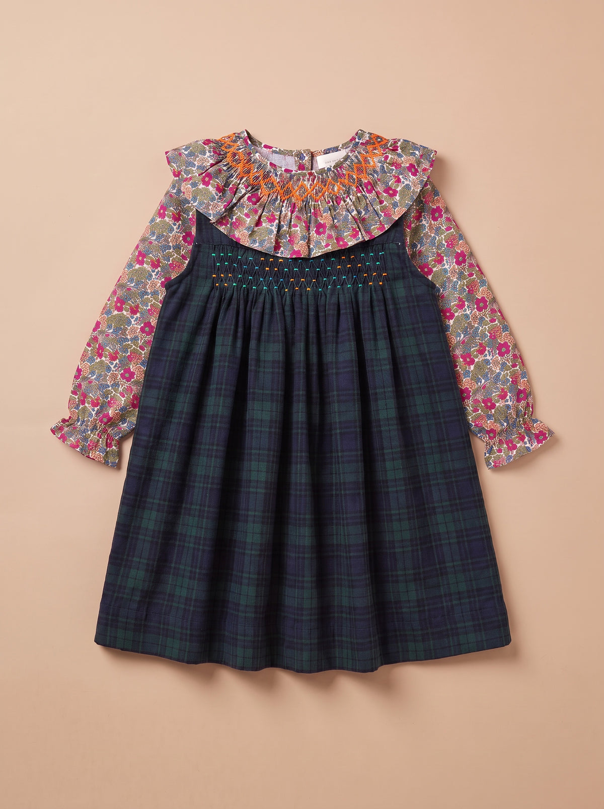 Ensemble robe Lalie Écossais et blouse Rio Pine Red, à plat