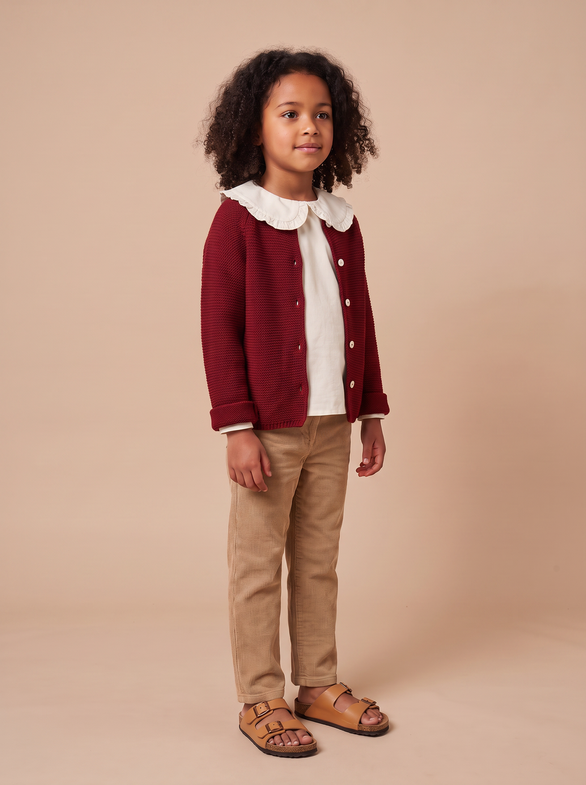 Cardigan Jessy Grena porte ouvert sur blouse ecrue a col volante - vue 3/4