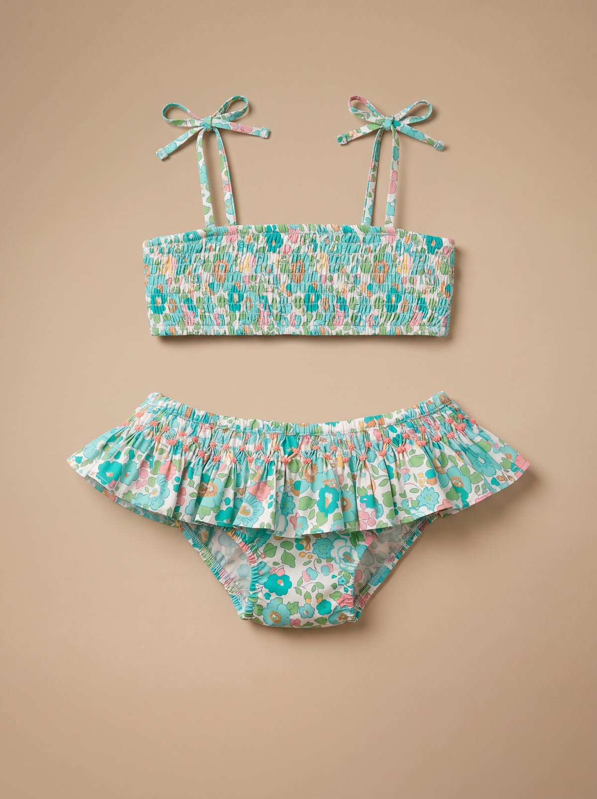 Maillot Frika Liberty Betsy vert 2 pièces à plat : haut bandeau et culotte à volant smockée