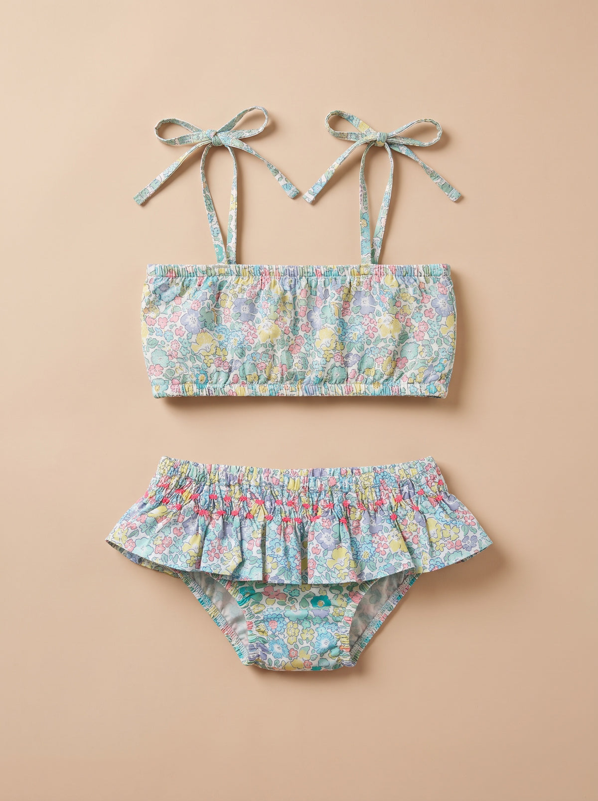 Maillot Frika Liberty Michelle 2 pièces à plat : haut bandeau et culotte à volant smockée