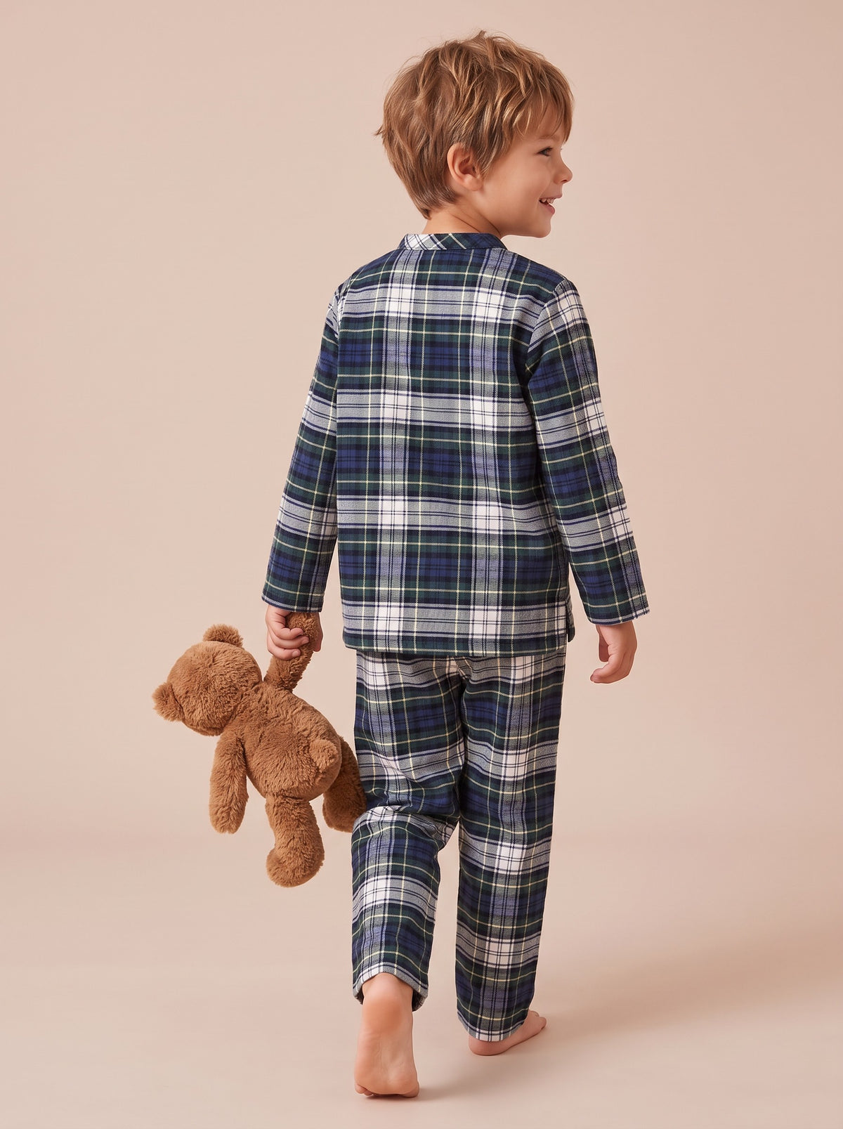 Pyjama en pilou à carreaux verts de dos