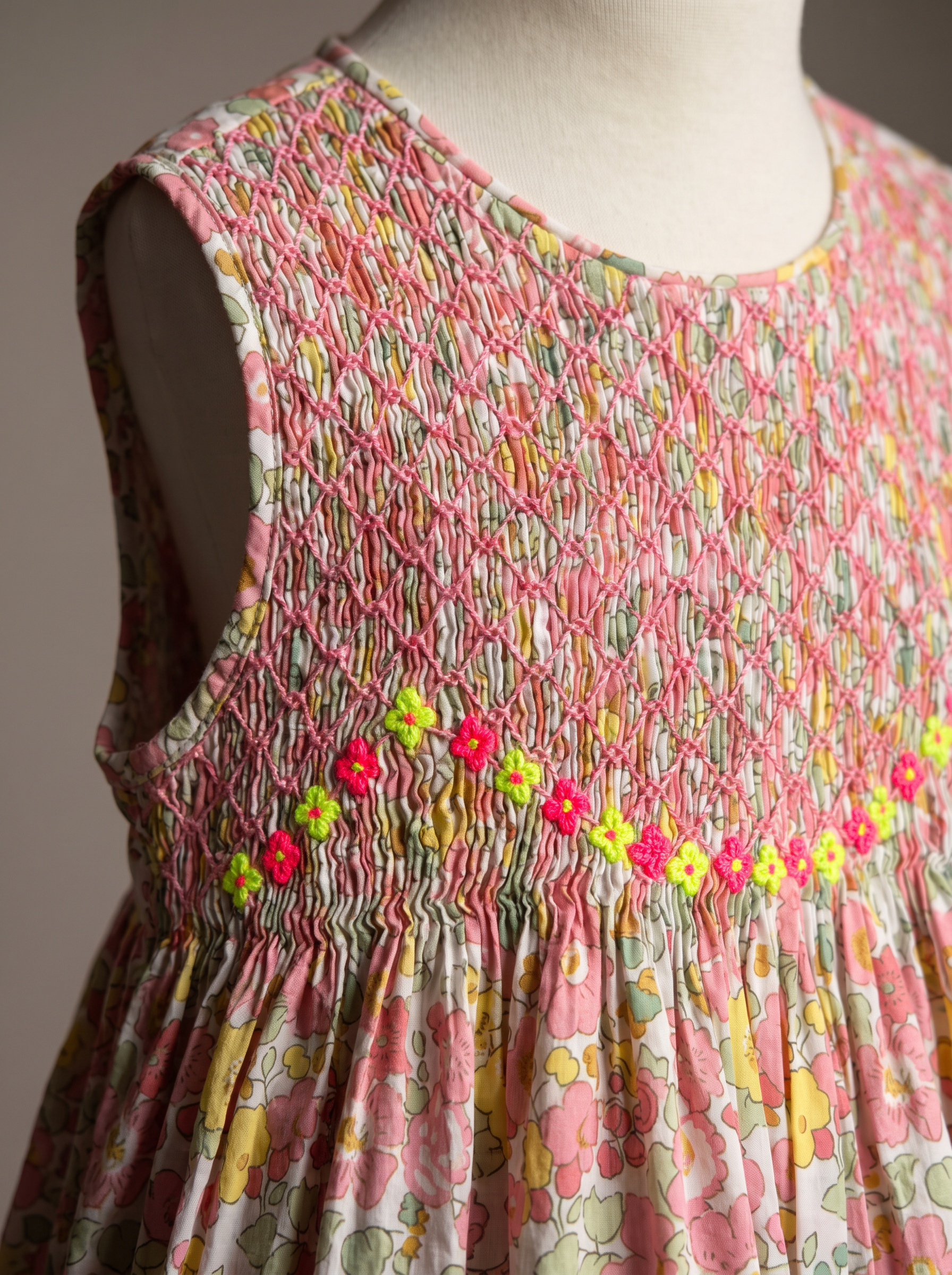 Robe Rita Betsy rose fluo - detail col et smocks fluo