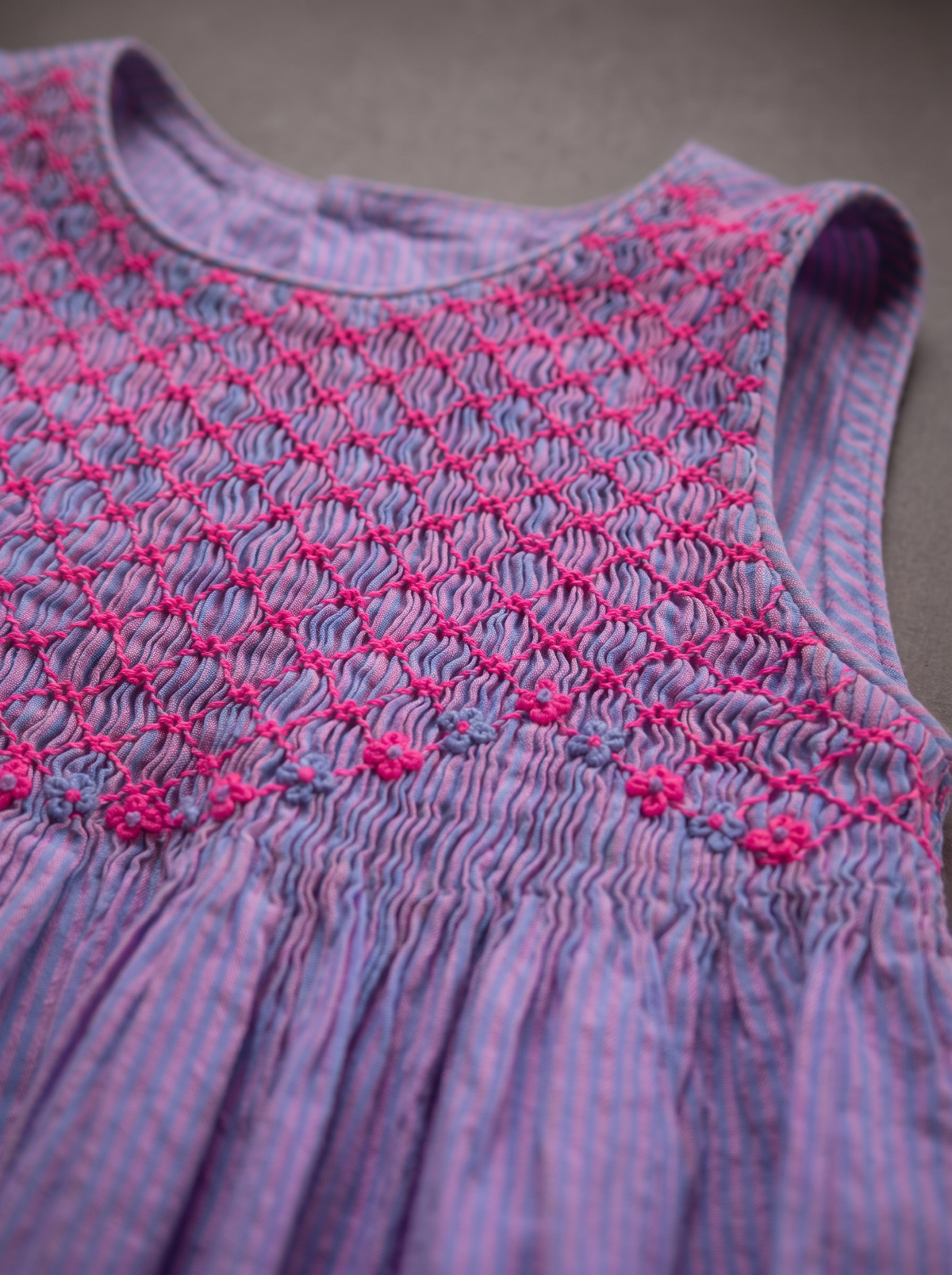 Robe Rita violet raye - detail col et smocks