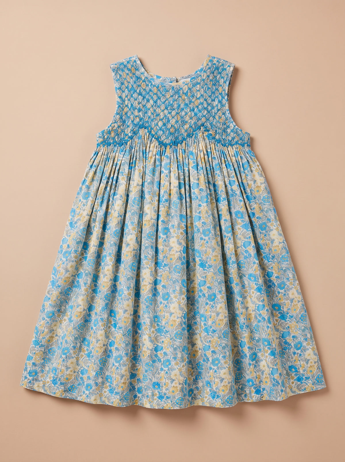 Robe Rita Leonie à plat - plastron smocké main, Liberty bleu