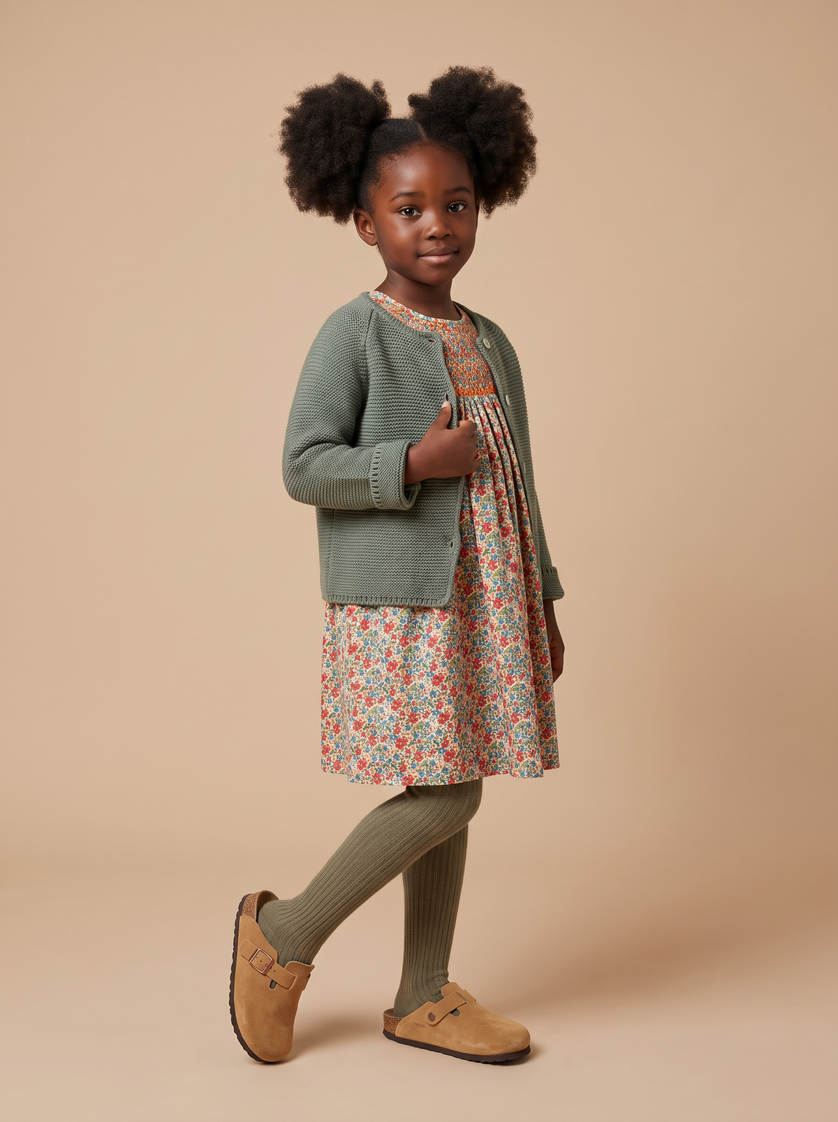 Robe Rita Pine red avec cardigan Jessy vert, collant Gypsy kaki et sabots
